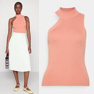 DKNY Asymmetrical Ribbed Mock Sweater Knit Top Shirt Rouge Pink Blush XL NWT